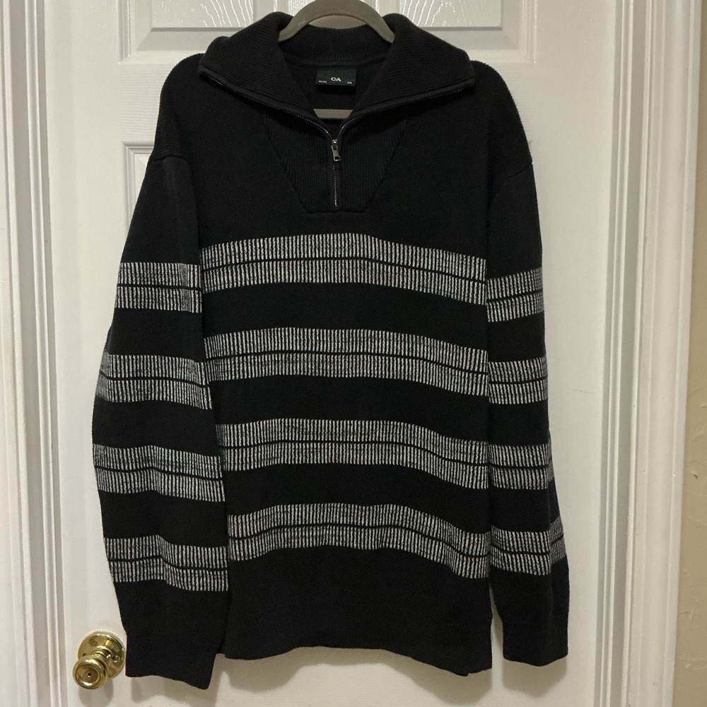 Canada C&A Waffle‎ Knit Black 1/4 Zip pullover Sweater Size 2XL Accent Stripes